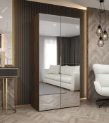 Armoire à portes battantes / Penderie / Couleur : Noyer / 1 tringle à vêtements / Système de fermeture Soft-Close / 1 mètre de large / 2 portes miroir / Poignées : Argentées