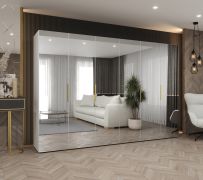 Armoire 3m Korab 159 | Blanc | Portes battantes soft-close | Poignées or | 4 compartiments, 4 tringles