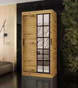 Armoire / Couleur : Chêne artisan / 5 compartiments / 2 tringles à vêtements / Finition haut de gamme / Étroite / 100 x 62 x 200 cm / Armoire à portes coulissantes / Porte miroir décorative