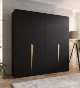 Armoire à portes battantes / 4 portes / Couleur : Noir / 2 compartiments / Fonction Soft-Close / 2 tringles à vêtements / Poignées : Or / Dimensions : 200 x 52 x 202 cm / Penderie / Chants ABS
