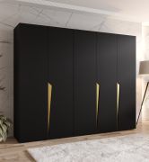 Armoire / Couleur : Noir / 5 portes / 3 compartiments / Poignées : Or / 3 tringles à vêtements/ Fonction Soft-Close / Dimensions : 250 x 52 x 202 cm / Chants ABS