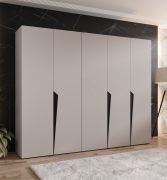 Armoire / Couleur : Cachemire / 5 portes / 3 compartiments / Poignées : Noir / 3 tringles à vêtements/ Fonction Soft-Close / Dimensions : 250 x 52 x 202 cm / Chants ABS
