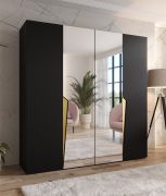Armoire à portes battantes / 2 portes à miroir / Couleur : Noir / 2 compartiments / Soft-Close / 2 tringles à vêtements / Poignées : Or / Dimensions : 200 x 52 x 202 cm / Penderie / Chants ABS