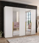Armoire / Couleur : Blanc / 2 portes miroir / 3 compartiments / 3 tringles à vêtements / Poignées : Or / Dimensions : 250 x 52 x 202 cm / Fonction Soft-Close / Chants ABS