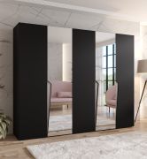 Armoire / Couleur : Noir / 2 portes miroir / 3 compartiments / 3 tringles à vêtements / Poignées : Cachemire / Dimensions : 250 x 52 x 202 cm / Fonction Soft-Close / Chants ABS