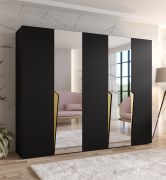 Armoire / Couleur : Noir / 2 portes miroir / 3 compartiments / 3 tringles à vêtements / Poignées : Or / Dimensions : 250 x 52 x 202 cm / Fonction Soft-Close / Chants ABS