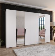Penderie / Armoire à portes battantes / Couleur : Blanc / 2 portes miroir / 4 compartiments / 4 tringles à vêtements / Soft-Close / Poignées : Noir / Dimensions : 300 x 52 x 202 cm / ABS