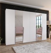 Penderie / Armoire à portes battantes / Couleur : Blanc / 2 portes miroir / 4 compartiments / 4 tringles à vêtements / Soft-Close / Poignées : Cachemire / Dimensions : 300 x 52 x 202 cm / ABS