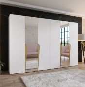 Penderie / Armoire à portes battantes / Couleur : Blanc / 2 portes miroir / 4 compartiments / 4 tringles à vêtements / Soft-Close / Poignées : Or / Dimensions : 300 x 52 x 202 cm / ABS