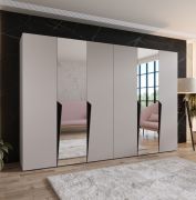 Penderie / Armoire à portes battantes / Couleur : Cachemire / 2 portes miroir / 4 compartiments / 4 tringles à vêtements / Soft-Close / Poignées : Noir / Dimensions : 300 x 52 x 202 cm / ABS