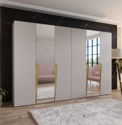 Penderie / Armoire à portes battantes / Couleur : Cachemire / 2 portes miroir / 4 compartiments / 4 tringles à vêtements / Soft-Close / Poignées : Or / Dimensions : 300 x 52 x 202 cm / ABS