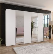 Armoire à portes battantes / 3 portes à miroir / Couleur : Blanc / Soft-Close / 3 compartiments / 3 tringles à vêtements / Poignées : Noir / Dimensions : 300 x 52 x 202 cm / Penderie