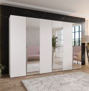 Armoire à portes battantes / 3 portes à miroir / Couleur : Blanc / Soft-Close / 3 compartiments / 3 tringles à vêtements / Poignées : Noir / Dimensions : 300 x 52 x 202 cm / Penderie