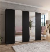 Armoire à portes battantes / 3 portes à miroir / Couleur : Noir / Soft-Close / 3 compartiments / 3 tringles à vêtements / Poignées : Noir / Dimensions : 300 x 52 x 202 cm / Penderie
