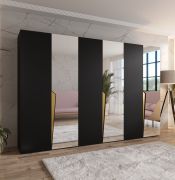 Armoire à portes battantes / 3 portes à miroir / Couleur : Noir / Soft-Close / 3 compartiments / 3 tringles à vêtements / Poignées : cachemire / Dimensions : 300 x 52 x 202 cm / Penderie