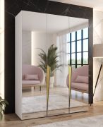 Armoire / Couleur : Blanc / 3 portes miroir / 2 compartiments / 2 tringles à vêtements / Dimensions : 150 x 52 x 202 cm / Poignées : Or / Fonction Soft-Close / Protection des bords ABS
