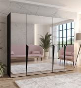 Armoire de chambre à coucher avec miroir / Couleur : Noir / Penderie / Poignées : Noir / 3 compartiments / 3 tringles à vêtements / Dimensions : 250 x 52 x 202 cm / Chants ABS / Fonction Soft-Close