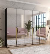 Armoire de chambre à coucher avec miroir / Couleur : Noir / Penderie / Poignées : Or / 3 compartiments / 3 tringles à vêtements / Dimensions : 250 x 52 x 202 cm / Chants ABS / Fonction Soft-Close