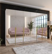 Penderie / Couleur : Blanc / Armoire de chambre à coucher avec miroir / Fonction Soft-Close / Poignées : Or / Dimensions : 300 x 52 x 202 cm / Chants ABS / 4 compartiments / 4 tringles à vêtements