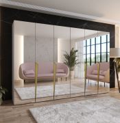 Armoire / Couleur : Cachemire / Penderie de chambre à coucher avec miroir / Fonction soft-close / Poignées : Or / Dimensions : 300 x 52 x 202 cm / Chants ABS / 4 compartiments / 4 tringles à vêtements