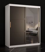 Armoire penderie Liskamm 34 avec porte miroir | Blanc mat / Noir mat | 200 x 150 x 62 cm | 5 étagères, 2 tringles
