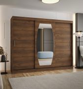 Armoire avec une porte miroir / Couleur : Noyer / 2,5 mètres de large / Rail en aluminium / 10 compartiments / Armoire à portes coulissantes / Deux tringles à vêtements