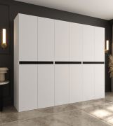 Armoire à portes battantes / Penderie / Blanche / 12 portes battantes / 9 compartiments / 3 tringles / 240 x 52 x 203 cm / Finition haut de gamme / Système de fermeture Soft-Close