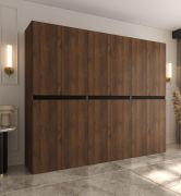 Armoire à portes battantes / Couleur : Noyer Warmia / 12 portes battantes / 9 compartiments / 3 tringles à vêtements / 270 x 52 x 203 cm / Finition haut de gamme / Système de fermeture Soft-Close / Penderie