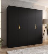 Armoire à portes battantes / 2 mètres de large / 2 tringles à vêtements / Couleur : Noir / Poignées : Or / Dimensions : 200 x 52 x 202 cm / Penderie / 2 compartiments / 4 portes