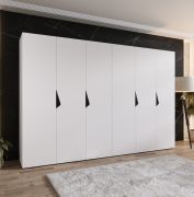 Armoire à portes battantes / Penderie / Couleur : Blanc / 3 mètres de large / 6 portes / Poignées : Noir / 4 compartiments / Dimensions : 300 x 52 x 202 cm / 4 tringles à vêtements
