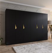 Armoire à portes battantes / Penderie / Couleur : Noir / 3 mètres de large / 6 portes / Poignées : Or / 4 compartiments / Dimensions : 300 x 52 x 202 cm / 4 tringles à vêtements