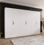 Armoire à portes battantes / 6 portes / Couleur : Blanc / 3 tringles à vêtements / Poignées : Or / 3 compartiments / Dimensions : 300 x 52 x 202 cm / Fonction Soft-Close