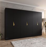 Armoire à portes battantes / 6 portes / Couleur : Noir / 3 tringles à vêtements / Poignées : Or / 3 compartiments / Dimensions : 300 x 52 x 202 cm / Fonction Soft-Close