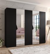 Armoire / 2 portes à miroir / Couleur : Noir / 2,5 mètres de large / 3 compartiments / Poignées : Noir / 3 tringles à vêtements / Dimensions : 250 x 52 x 202 cm / Soft-Close