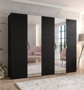 Armoire / 2 portes miroir / Couleur : Noir / 2,5 mètres de large / 3 compartiments / Poignées : Cachemire / 3 tringles à vêtements / Dimensions : 250 x 52 x 202 cm / Soft-Close