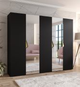 Armoire / 2 portes à miroir / Couleur : Noir / 2,5 mètres de large / 3 compartiments / Poignées : Or / 3 tringles à vêtements / Dimensions : 250 x 52 x 202 cm / Soft-Close