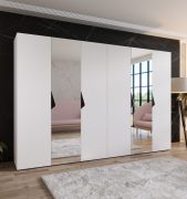 Armoire à portes battantes / Penderie / Couleur : Blanc / 2 portes à miroir / 4 compartiments / Poignées : Noir / 4 tringles à vêtements / Dimensions : 300 x 52 x 202 cm / Chants ABS