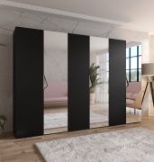 Armoire / 3 portes miroir / 3 compartiments / Couleur : Noir / 3 tringles à vêtements / Poignées : Cachemire / Dimensions : 300 x 52 x 202 cm / Fonction Soft-Close
