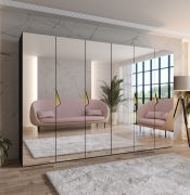 Armoire à portes battantes / Couleur : Noir / 3 mètres de large / Poignées : Or / Armoire de chambre à coucher avec miroir / 4 tringles à vêtements / Soft-Close / Dimensions : 300 x 52 x 202 cm / 4 compartiments