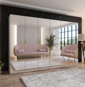 Armoire à portes battantes / Couleur : cachemire / 3 mètres de large / Poignées : Or / Armoire de chambre à coucher avec miroir / 4 tringles à vêtements / Soft-Close / Dimensions : 300 x 52 x 202 cm / 4 compartiments
