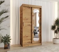 Armoire coulissante avec miroir | Bernina 01 | Chêne Artisan | 1 mètre | 5 casiers | 2 tringles | Rails aluminium