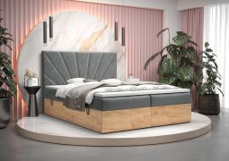 Lit boxspring Pilio 19 gris & chêne Golden Craft | Design moderne | 140 x 200 cm | 2 espaces de rangement