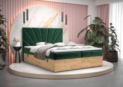 Lit double Pilio 23 design élégant | Velours vert & chêne doré | 160 x 200 cm | Rangement intégré
