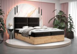 Lit simple moderne avec rangements Pilio 32 | 140 x 200 cm | Noir & chêne doré | Matelas Bonell H3