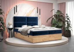 Lit simple élégant en velours bleu Pilio 35 | 2 espaces de rangement | Matelas à ressorts Bonell H3 | 140 x 200 cm | Détails en chêne Golden Craft