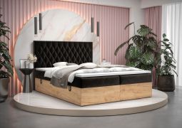 Lit double Pilio 67 | Design moderne noir & chêne doré | Couchage 160 x 200 cm | Velours & rangements