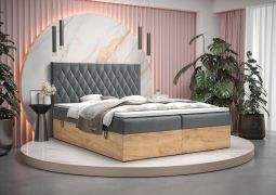 Lit double Pilio 69 en velours doux gris et chêne doré | 2 rangements | Matelas Bonell H3 | 160 x 200 cm