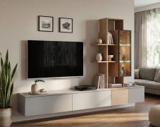 Meuble-paroi / Fonction push-to-open / Eclairage LED intégré / Couleur : Gris Arctique / Chêne Cremona / 240 x 40 x 160 cm / 1 vitrine / 4 éléments TV inférieurs