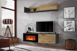 Meuble mural Bjordal 14 avec cheminée électrique | Chêne Flagstaff & anthracite | 180 x 180 x 40 cm | Push To Open | 5 compartiments