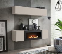Meuble-paroi / Couleur : Cachemire / 1 armoire murale / 1 meuble TV avec cheminée au bioéthanol / Dimensions : 160 x 40 x 150 cm / Fonction Push-to-open